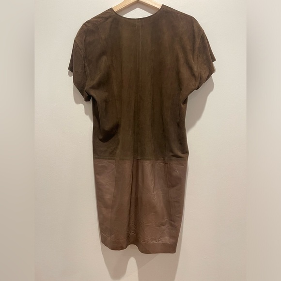 Vince Size XS Brown Green Genuine Leather V-Neck Shift Dress Pockets - Picture 3 of 8